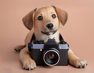 pastel color baby dog holding camera on white background