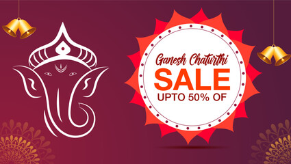 Text Ganesh Chaturthi SALE UPTO 50% OFF
White outline of Lord Ganesha on the left side
Hanging golden bells on both sides
Maroon background with golden decorative elements
