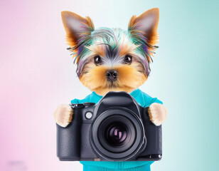 pastel color baby dog holding camera on white background
