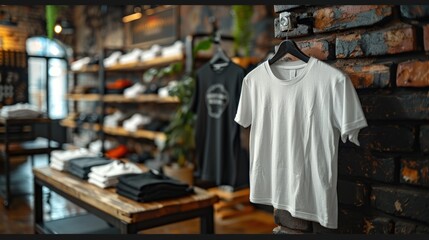 Naklejka premium A plain white t-shirt hangs on a hanger against a brick wall in a store.