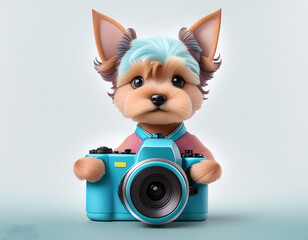 pastel color baby dog holding camera on white background