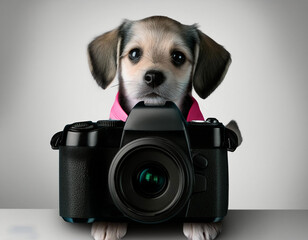 pastel color baby dog holding camera on white background