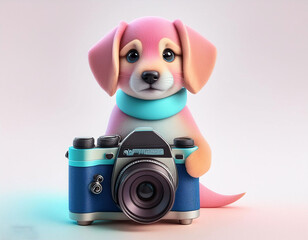 pastel color baby dog holding camera on white background