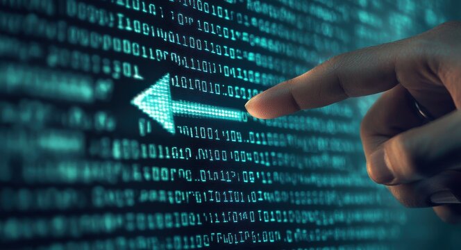 A close-up of a hand pointing at a glowing binary code screen, symbolizing digital communication and technology advancement.