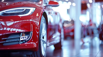 Closeup photo of new red car parked in showroom. Car parked at car dealership office