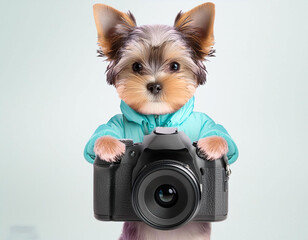 pastel color baby dog holding camera on white background