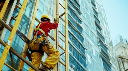 A construction worker assembling scaffolding around a building under construction