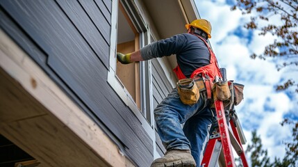A construction worker attaching siding to a new house, standing on a ladder