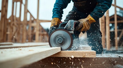 A construction worker cutting wooden beams with a circular saw