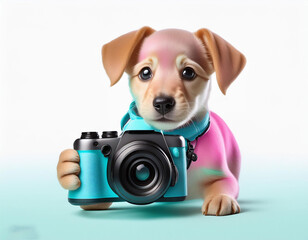 pastel color baby dog holding camera on white background