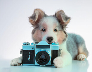 pastel color baby dog holding camera on white background