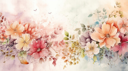 Soft, pastel floral background. The flowers and leaves are artistically stylized, resembling a watercolor effect. Dreamy aesthetic.