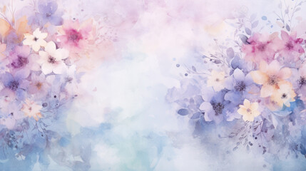 Soft, pastel floral background. The flowers and leaves are artistically stylized, resembling a watercolor effect. Dreamy aesthetic.