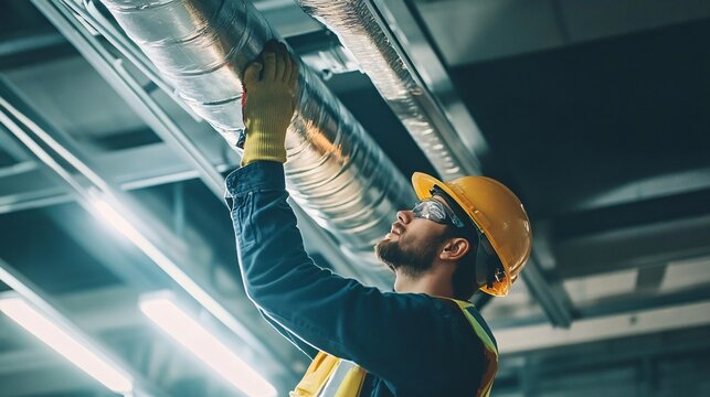 A construction worker installing HVAC ducts in a commercial building