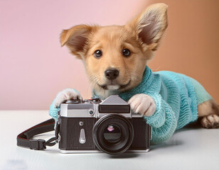 pastel color baby dog holding camera on white background