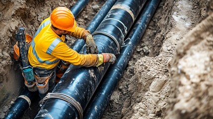 A construction worker installing underground pipes for a sewer system