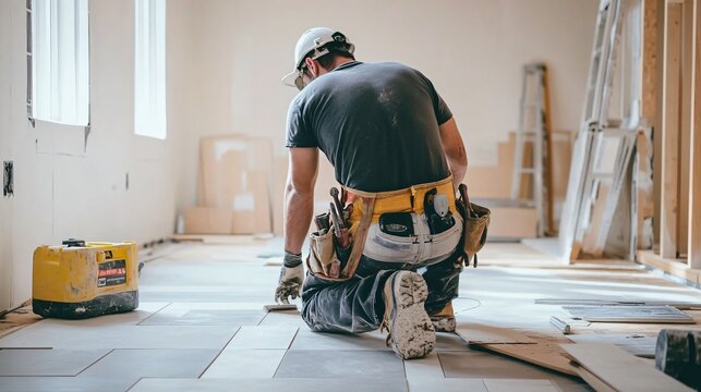 A construction worker installing tile flooring in a new home
