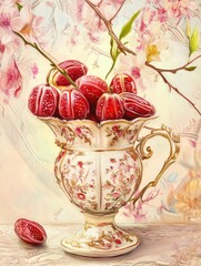 A still life painting of red fruits in a porcelain vase with a flower branch.