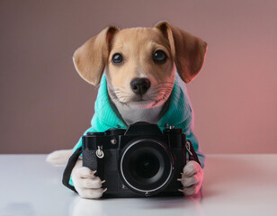 pastel color baby dog holding camera on white background