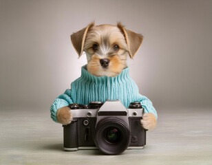 pastel color baby dog holding camera on white background