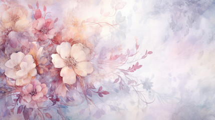 Fototapeta premium Soft, pastel floral background. The flowers and leaves are artistically stylized, resembling a watercolor effect. Dreamy aesthetic.