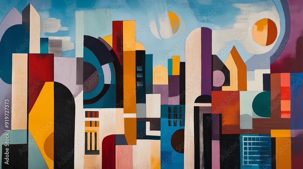 Poster vibrant and abstract representation of a cityscape in cubism