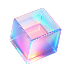 3D transparent cube with an iridescent surface, reflecting light in vibrant holographic colors and featuring a smooth geometric design. Isolated on transparent background, png.
