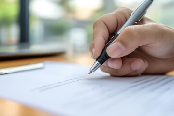 A hand holding a pen over a sheet of paper, ideal for concepts of writing, documentation, and creativity in a work environment.