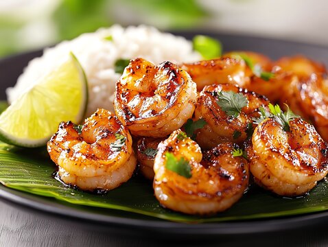 A closeup of stirfried prawns with tamarind sauce, served on a banana leaflined plate with a side of jasmine rice, garnished with fresh coriander and a wedge of lime