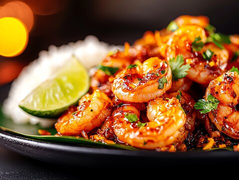 A closeup of stirfried prawns with tamarind sauce, served on a banana leaflined plate with a side of jasmine rice, garnished with fresh coriander and a wedge of lime