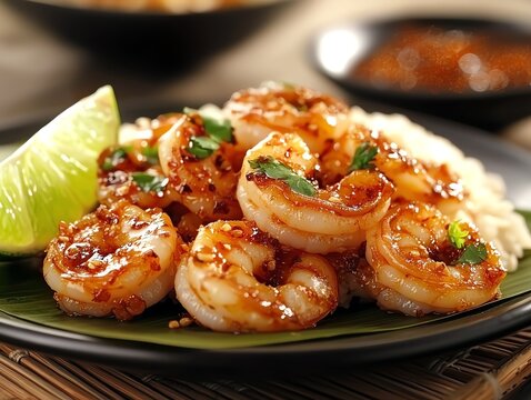 A closeup of stirfried prawns with tamarind sauce, served on a banana leaflined plate with a side of jasmine rice, garnished with fresh coriander and a wedge of lime