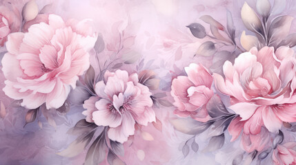 Soft, pastel floral background. The flowers and leaves are artistically stylized, resembling a watercolor effect. Dreamy aesthetic.