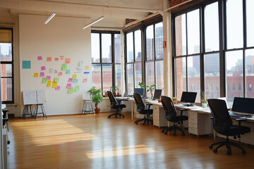 office space with walls, wooden floors and large windows overlooking the city