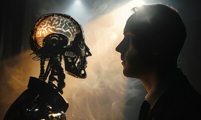 Robot and man with exposed brain face to face in spotlight, human vs artificial intelligence