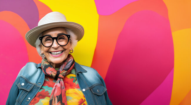 Une femme senior &acirc;g&eacute;e de 70 ans, heureuse aux cheveux gris, portant des lunettes et un chapeau devant un mur color&eacute;, image avec espace pour texte.