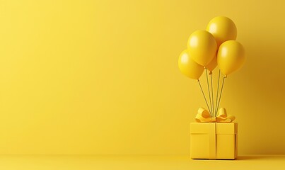 Un paquet cadeau avec des ballons sur un fond jaune, concept minimaliste, image avec espace pour texte.