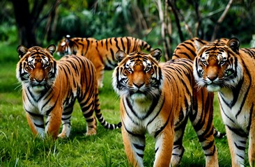 Fototapeta premium Beautiful herd of tigers in a beautiful green forest