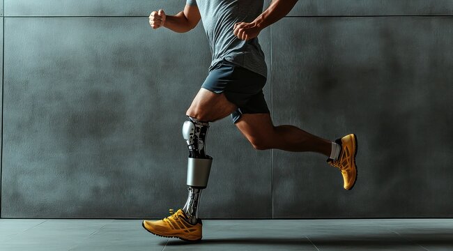 Un homme avec une proth&egrave;se de jambe courant en tenue de sport, mur gris en arri&egrave;re-plan, concept de membre amput&eacute;.