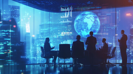 Digital twin technology concept with business people in a conference room and a digital earth globel