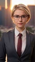 Portrait of a young woman with a short haircut in a business suit against the backdrop of a modern city.