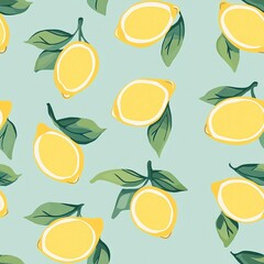 Seamless pattern with yellow lemons and green leaves on a blue background.