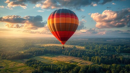 Fototapeta premium Hot Air Balloon Soaring Over a Misty Meadow.