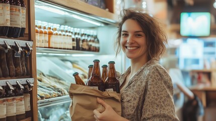 A woman smiling while holding a bag of drinks at a grocery store in the afternoon
