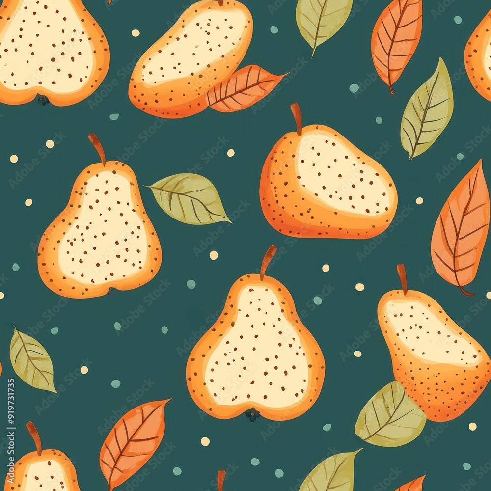 Canvas Prints seamless pattern with pears and leaves on a dark blue background.