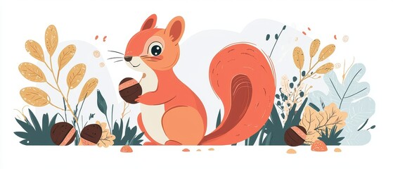 Fototapeta premium A flat design illustration of a squirrel gathering acorns for winter, with educational elements like numbers or letters