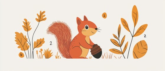 A flat design illustration of a squirrel gathering acorns for winter, with educational elements like numbers or letters