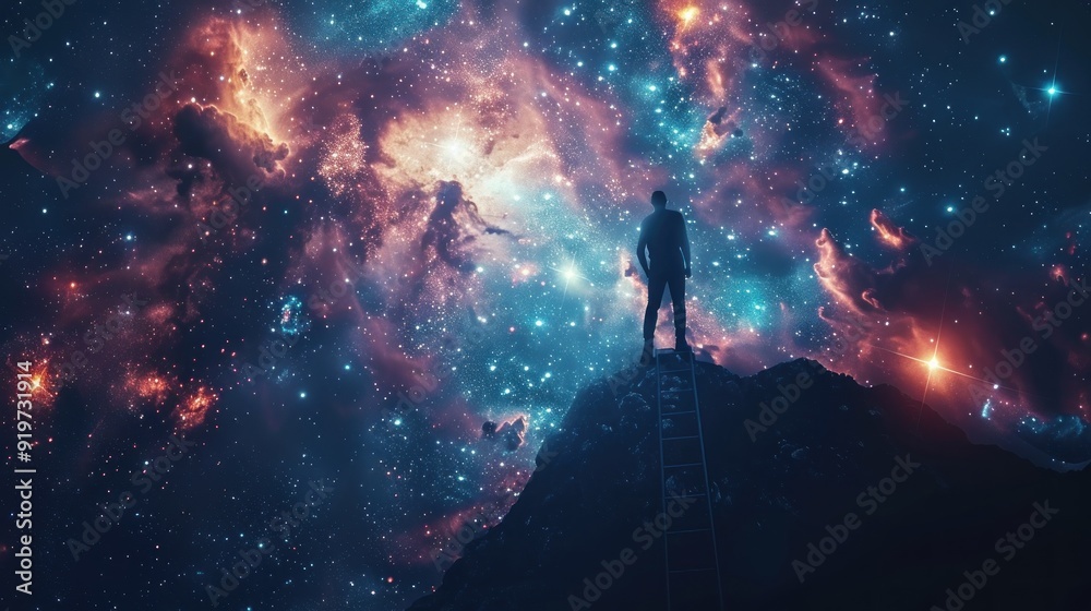 Poster Man Standing on a Mountain Peak Gazing at the Starry Night