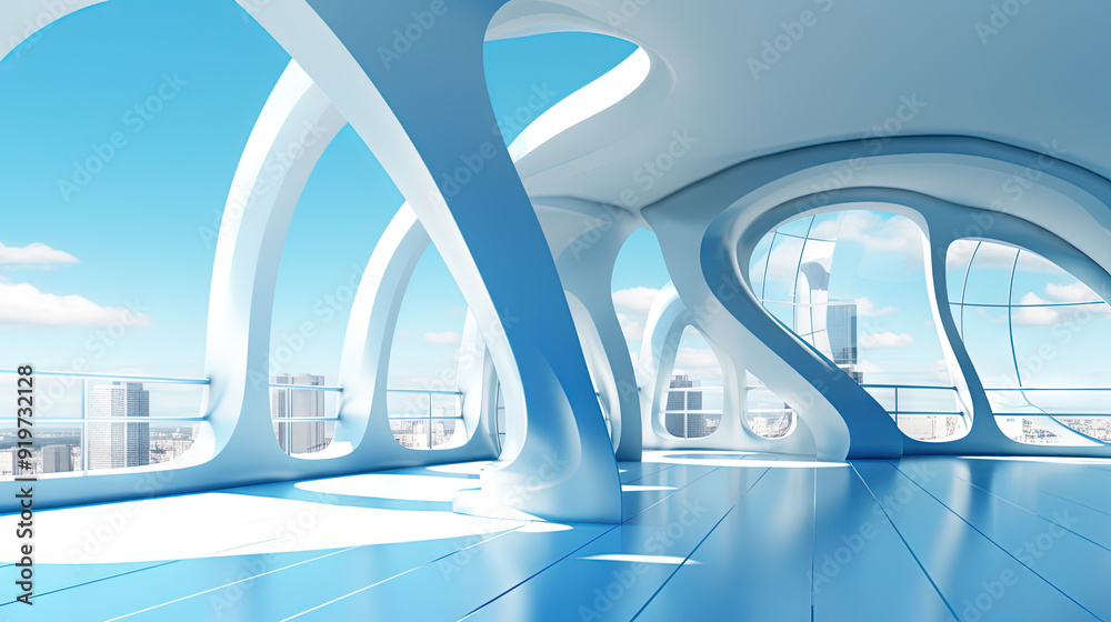 Aufkleber Abstract architecture scene with smooth curves. Abstract background with futuristic building in white and blue colors.