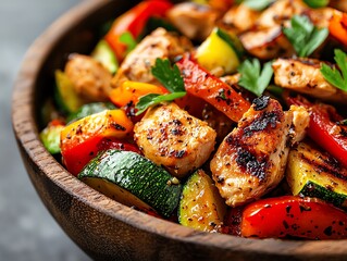 Ginger chicken stirfry with bell peppers, zucchini, and onions, served with a side of steamed rice, presented in a wooden serving bowl