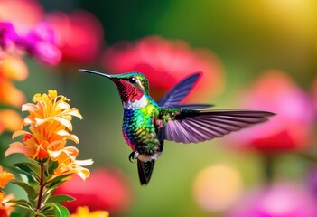 Fototapeta premium vibrant hummingbird hovering near colorful blossoms lush garden setting, flowers, nature, wildlife, nectar, pollination, tropical, flora, petal, beauty